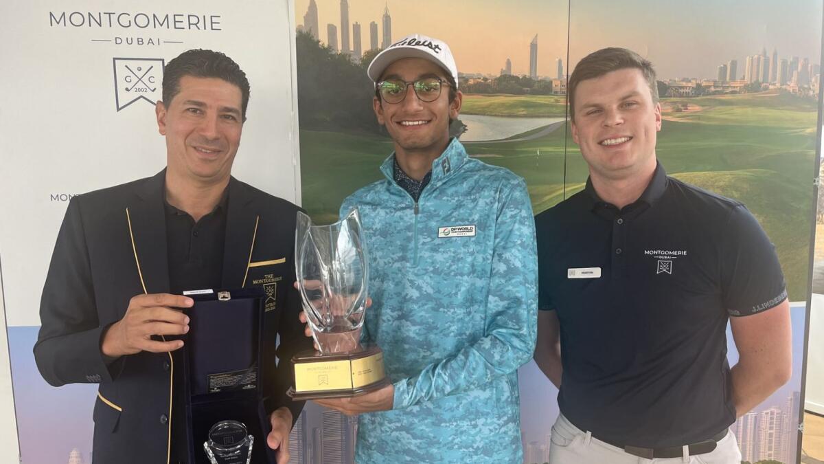 Winner of the Montgomerie Golf Club Men's Open Raghav Gulati (Centre), with Men's Captain Omar Souab (left) and Golf Services Manager Martin O'Neil (right).- Supplied photo