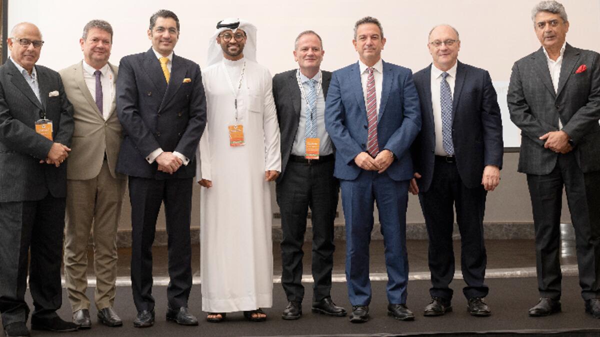 Dr. Aman Puri, Consul General of India to Dubai and Ilan Sztulman, Consul General of Israel to Dubai with other delegates at the India UAE Israel Economic Summit in Dubai. KT photo/Shihab