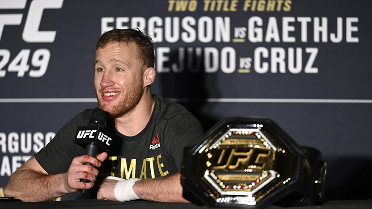 Justin Gaethje speaks to the media after his Interim lightweight title fight against Tony Ferguson during the UFC 249 at VyStar Veterans Memorial Arena. -- AFP