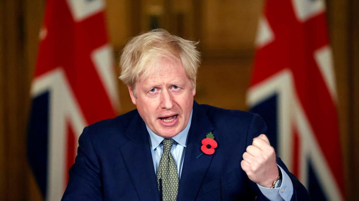 Britain's Prime Minister Boris Johnson speaks during a virtual news conference on the coronavirus disease (COVID-19) pandemic inside 10 Downing Street in central London, Britain, November 9, 2020.