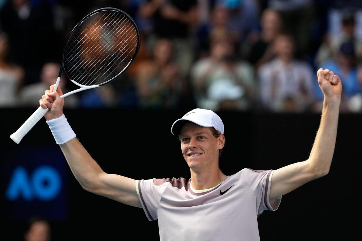 Jannik Sinner of Italy celebrates after defeating Novak Djokovic of Serbia in their semifinal at the Australian Open. - AP