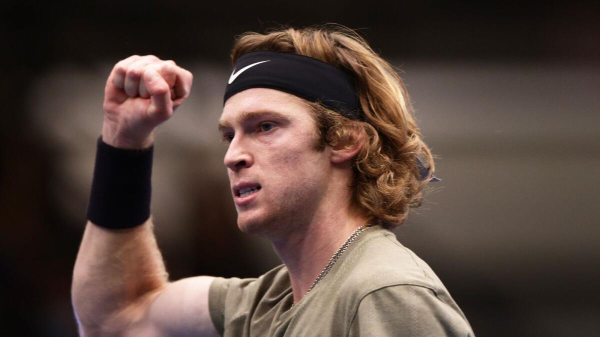 Russia's Andrey Rublev celebrates after winning his semifinal match against South Africa's Kevin Anderson. — Reuters