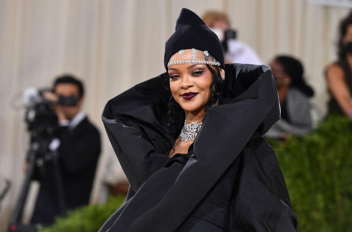 (FILES) In this file photo taken on September 13, 2021, Barbadian singer Rihanna arrives for the 2021 Met Gala at the Metropolitan Museum of Art in New York.