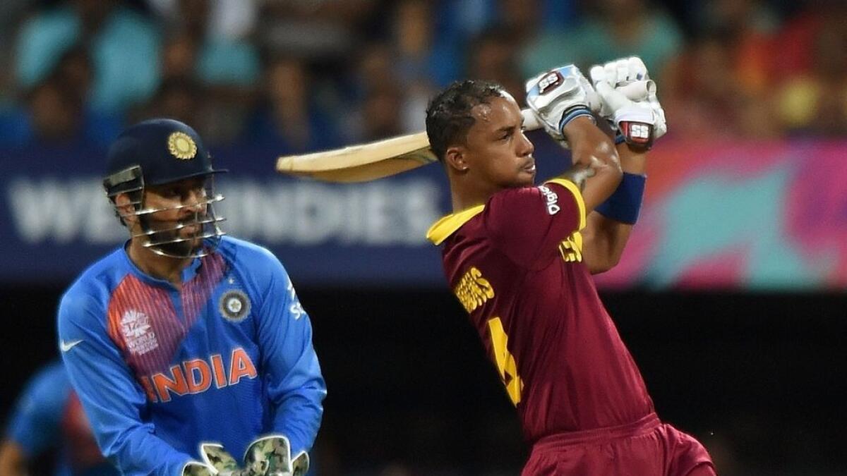 Windies' Simmons in action as he played an unbeaten knock against India in their World T20 semi-final in Mumbai.