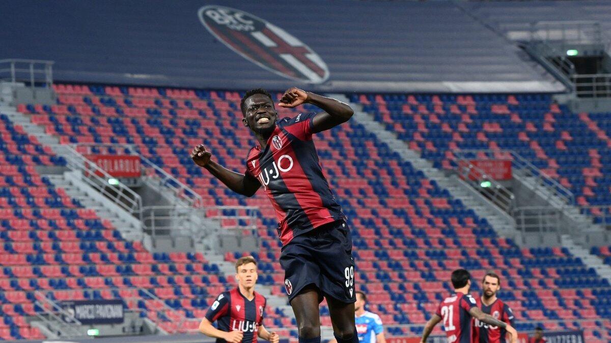 Musa Barrow celebrates after scoring against Napoli on Wednesday. - (Bologna Twitter)