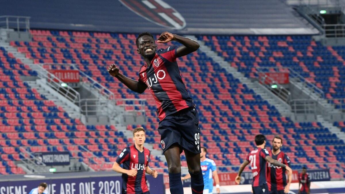 Musa Barrow celebrates after scoring against Napoli on Wednesday. - (Bologna Twitter)