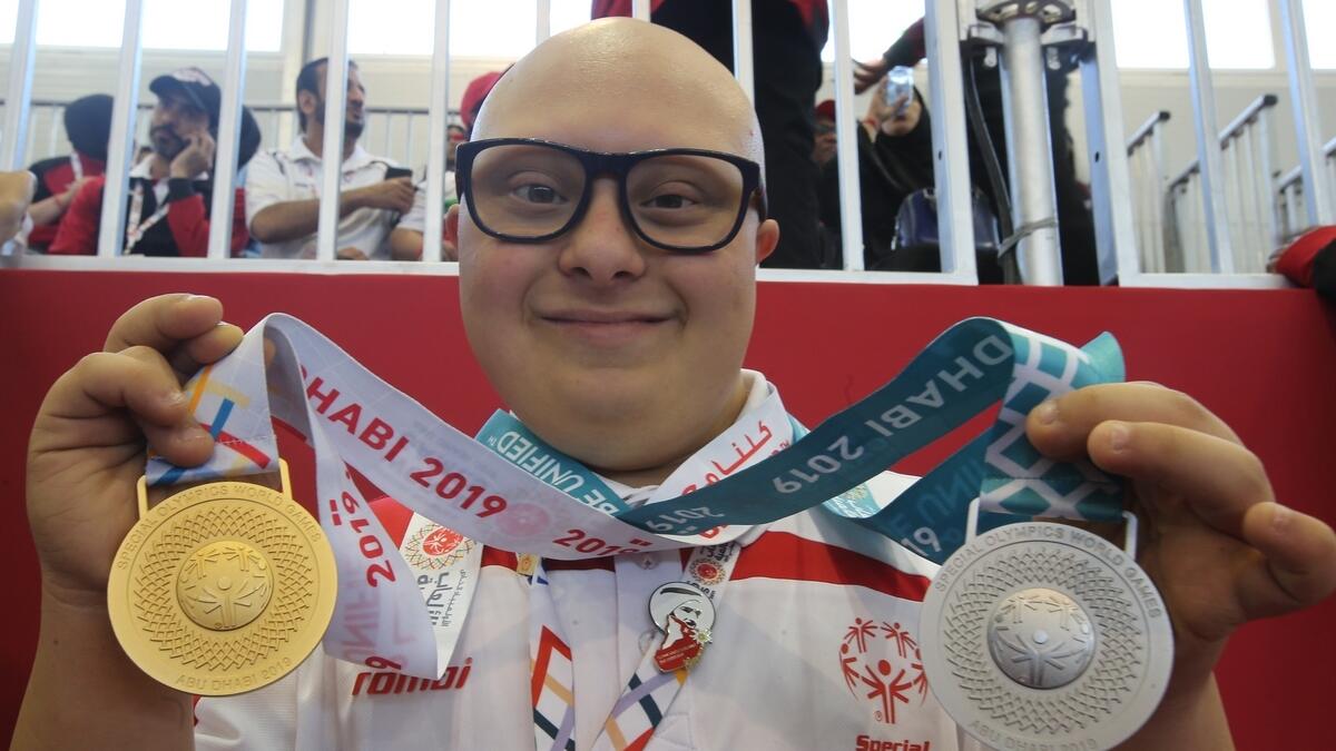 UAE Special Olympic athlete Mahmoud Jarour  with his gold and Silver medal  held at ADNEC as part of Special Olympics World Games Abu Dhabi 2019.-Photo by Ryan Lim/Khaleej Times