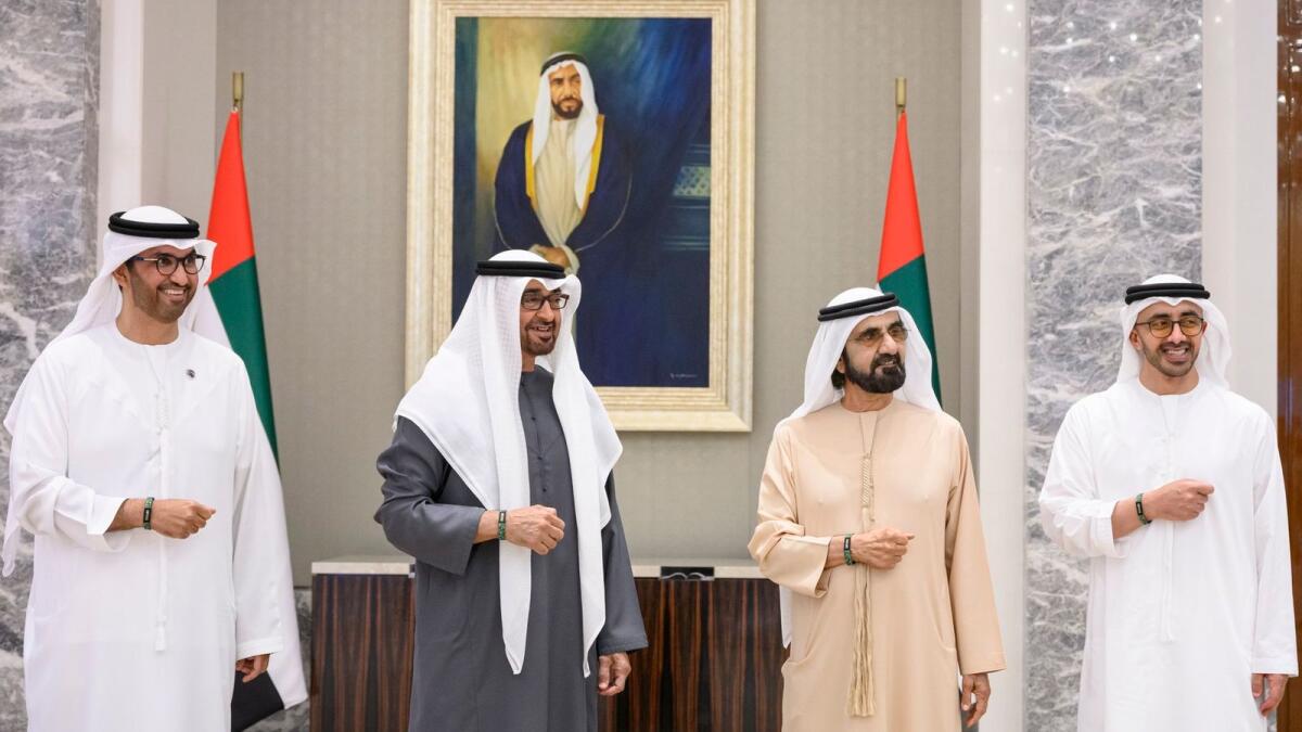 Sheikh Mohamed bin Zayed Al Nahyan, Sheikh Mohammed bin Rashid Al Maktoum, Sheikh Abdullah bin Zayed Al Nahyan and Dr Sultan Ahmed Al Jaber in Abu Dhabi on Monday. — Wam