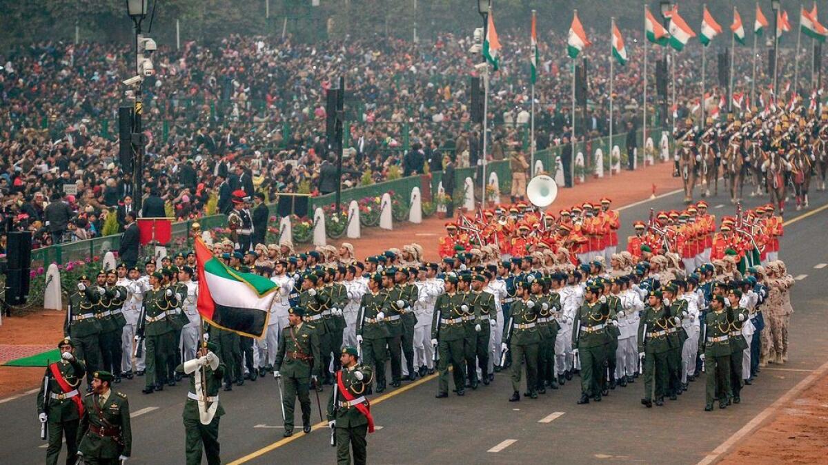 A 179-strong contingent of the UAE Armed Forces marches during India’s 68th Republic Day parade in New Delhi on Thursday morning. They led the march behind the parade commanders.
