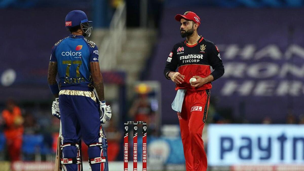 Virat Kohli of the Royal Challengers Bangalore and Surya Kumar Yadav of Mumbai Indians during the match on Wednesday. — IPL