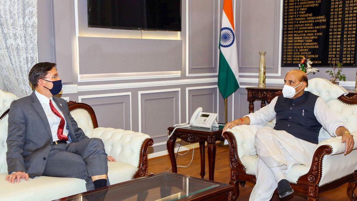 Defence Minister Rajnath Singh during a meeting with US Secretary of Defence Dr Mark Esper to discuss India-US defence relations and mutual cooperation in New Delhi.