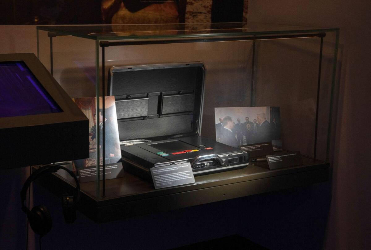The so-called Russia's nuclear briefcase, also known as the 'Cheget' which was in use during Russian first president Boris Yeltsin's years in office and could authenticate an order to launch nuclear missiles, is on display at the exposition of the Boris Yeltsin Presidential Centre in Yekaterinburg, Russia. — Reuters file
