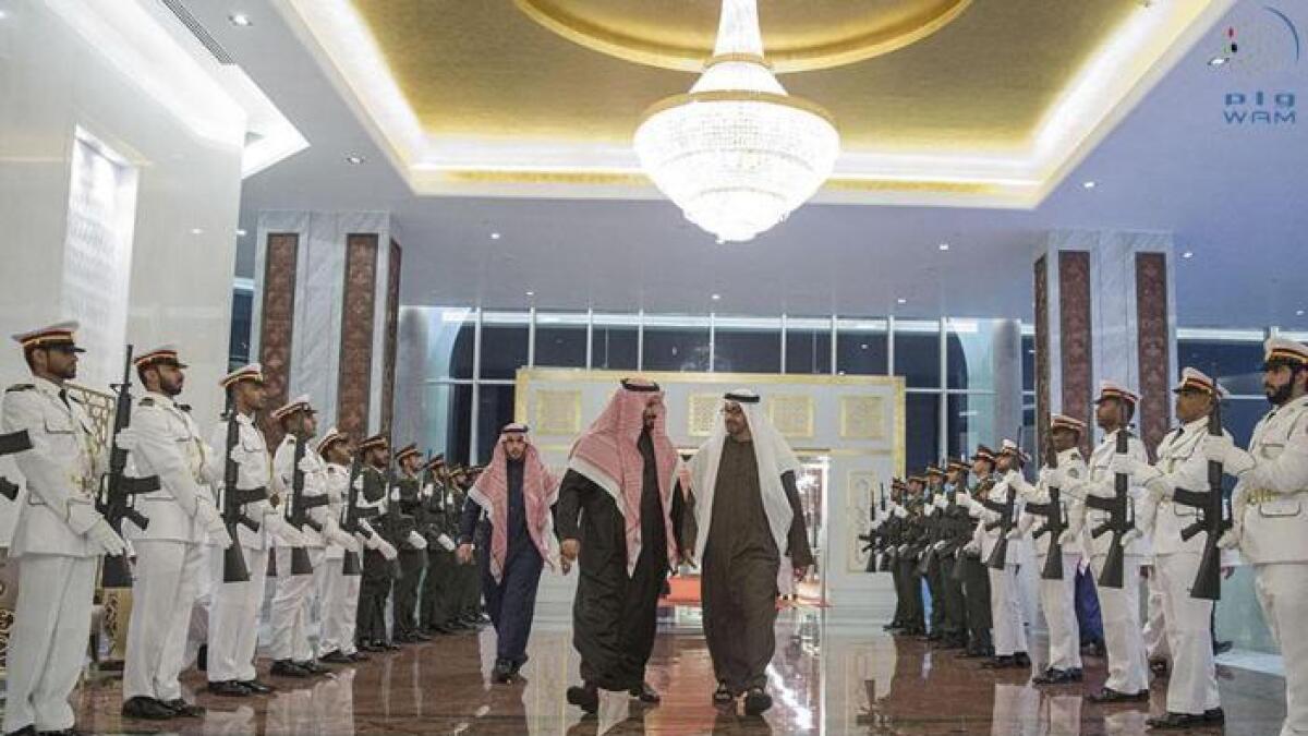 His Highness Shaikh Mohammad Bin Zayed Al Nahyan, Crown Prince of Abu Dhabi and Deputy Supreme Commander of the UAE Armed Forces (R), with Prince Mohammad Bin Salman Bin Abdulaziz, Saudi Deputy Crown Prince, Second Deputy Premier and Minister of Defense (L).