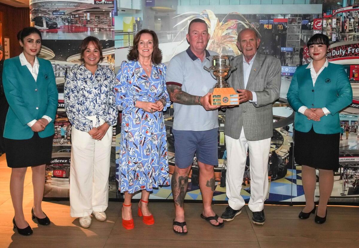 Colm McLoughlin (second from right), Executive Vice Chairman and CEO, Dubai Duty Free’s; and Sinead El Sibai (third from left), Senior Vice-President, Marketing, Dubai Duty Free, at the presentation ceremony. — Supplied photo