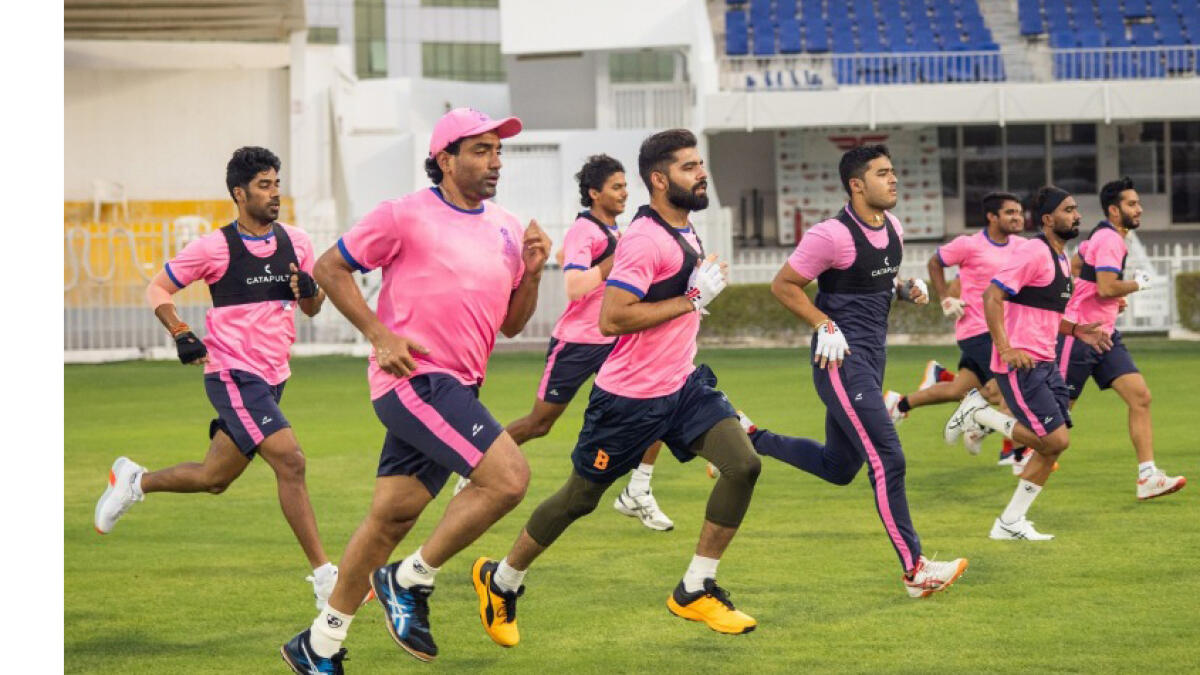The Rajasthan Royals' players undergo a training session at the Sharjah Cricket Stadium. - Rajasthan Royals Twitter