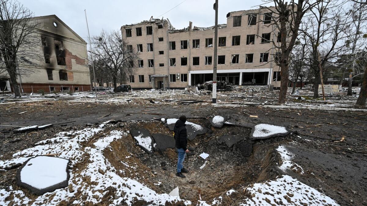 The view of military facility which was destroyed by recent shelling in the city of Brovary outside Kyiv on March 1, 2022. Photo: AFP