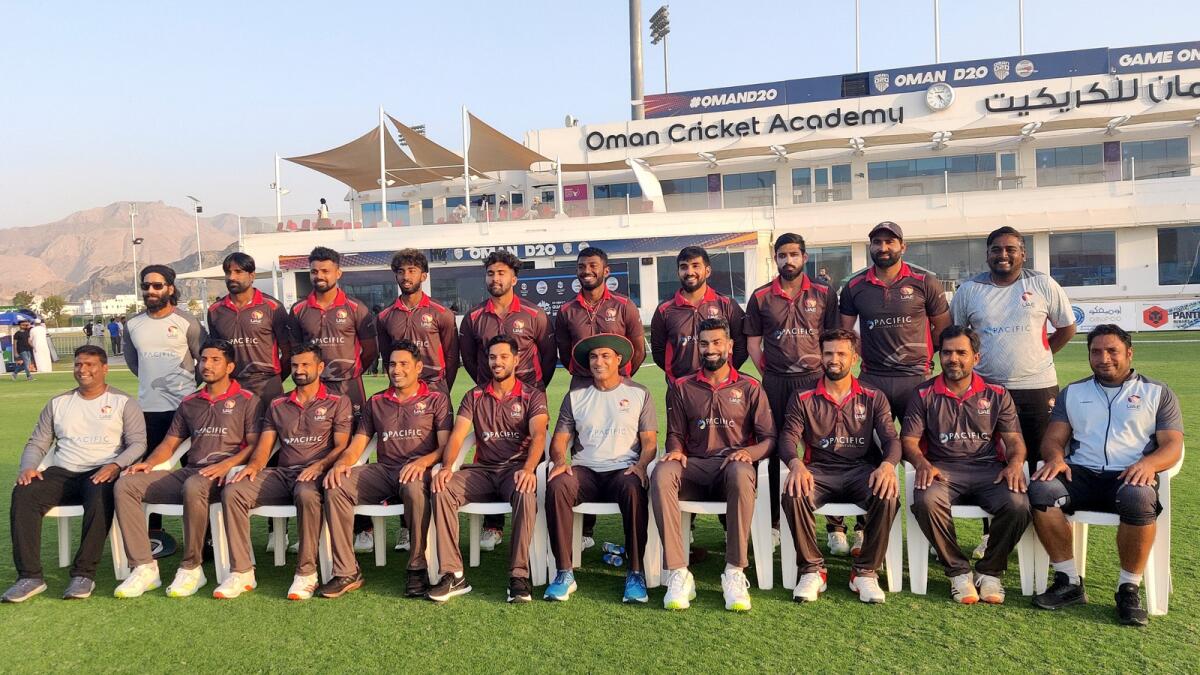 Members of the UAE team that won the ICC T20 World Cup Qualifiers in Oman to book their place at the showpiece event in Australia. (UAE Cricket Official Twitter)