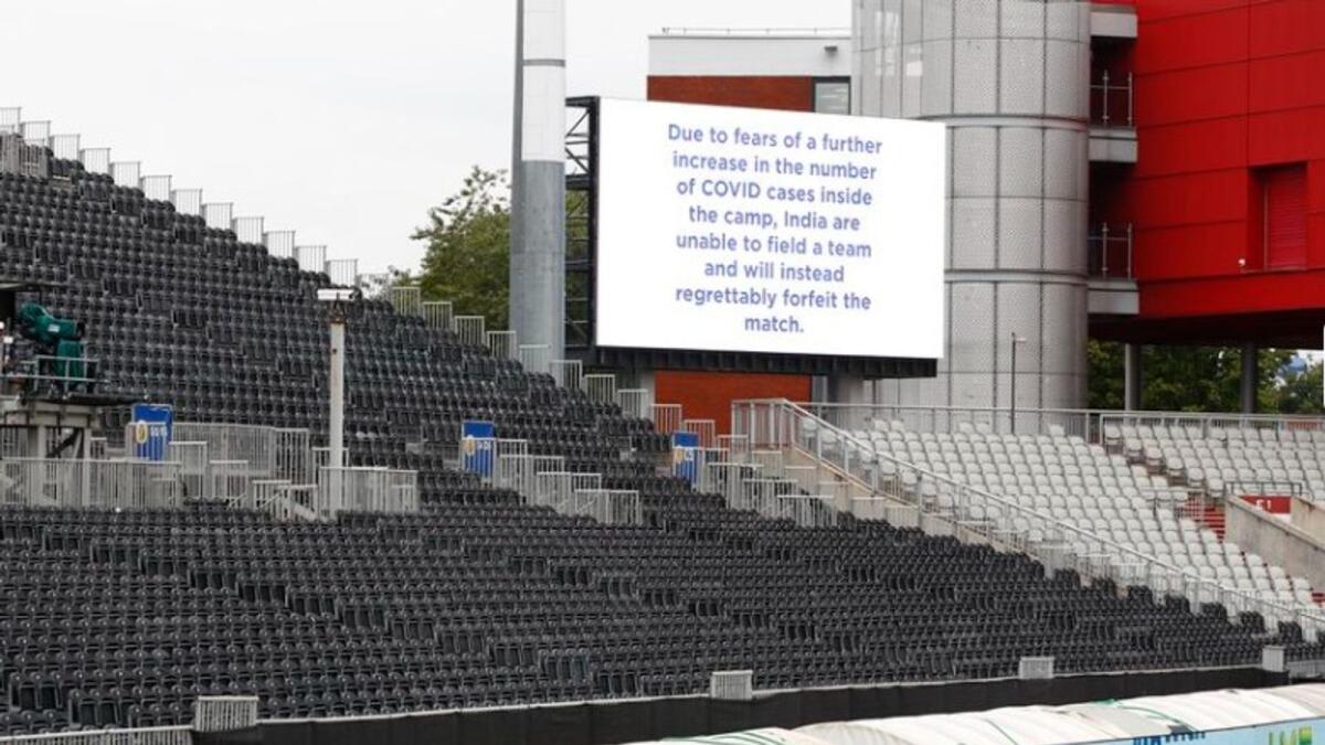 A message from the ECB is displayed on a big screen after the match was cancelled. (Reuters)