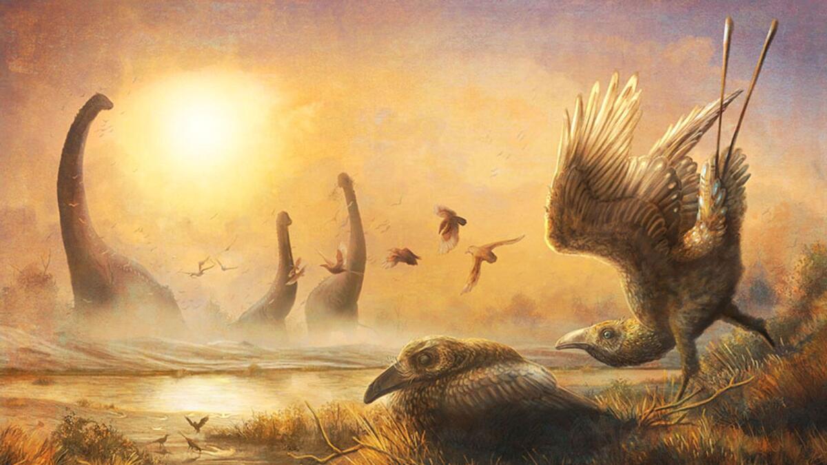 An illustration depicting the bird Falcatakely forsterae amidst non-avian dinosaurs and other creatures 68 million years ago during the Cretaceous Period in Madagascar.