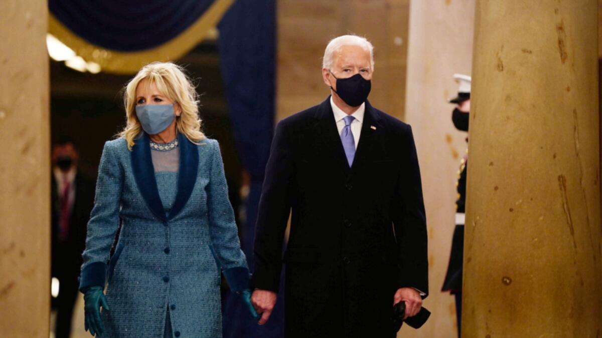 Joe Biden and Dr Jill Biden arrive for the inauguration ceremony on Wednesday. — AP