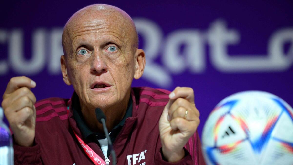 FIFA referees committee chairman Pierluigi Collina addresses a press conference at the Qatar National Convention Center (QNCC) in Doha on Friday. — AFP