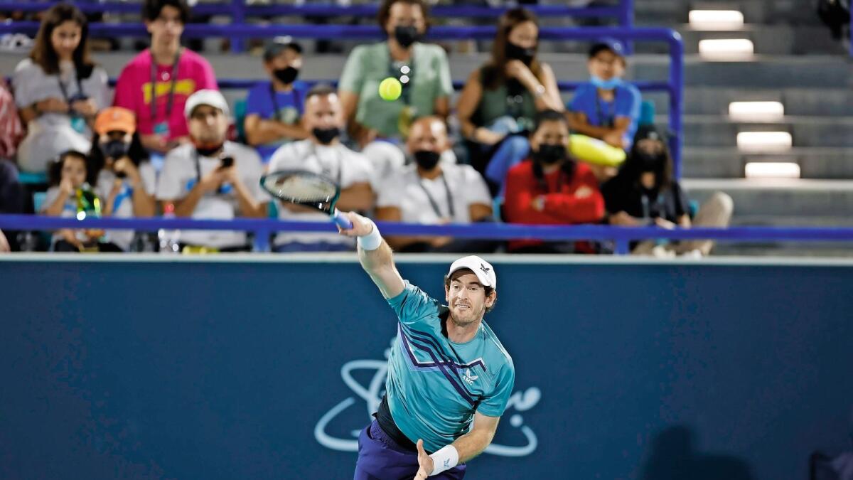 Top drawer: Great Britain’s Andy Murray serves against Spaniard Rafael Nadal in the semifinal of the Mubadala World Tennis Championship in Abu Dhabi on Friday. — Supplied photo