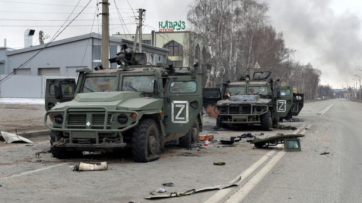 This picture shows Russian infantry mobility vehicles GAZ Tigr destroyed as a result of fight in Kharkiv, located some 50 km from Ukrainian-Russian border, on February 28, 2022. (Photo: AFP)