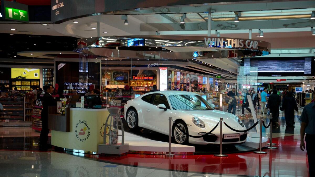 Lottery Porsche prize displayed at Dubai Airport Duty Free complex