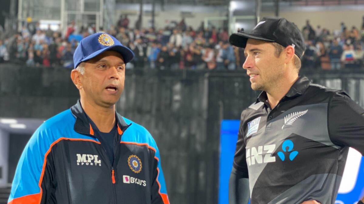 India coach Rahul Dravid (left) with New Zealand skipper Tim Southee — Black Caps Twitter