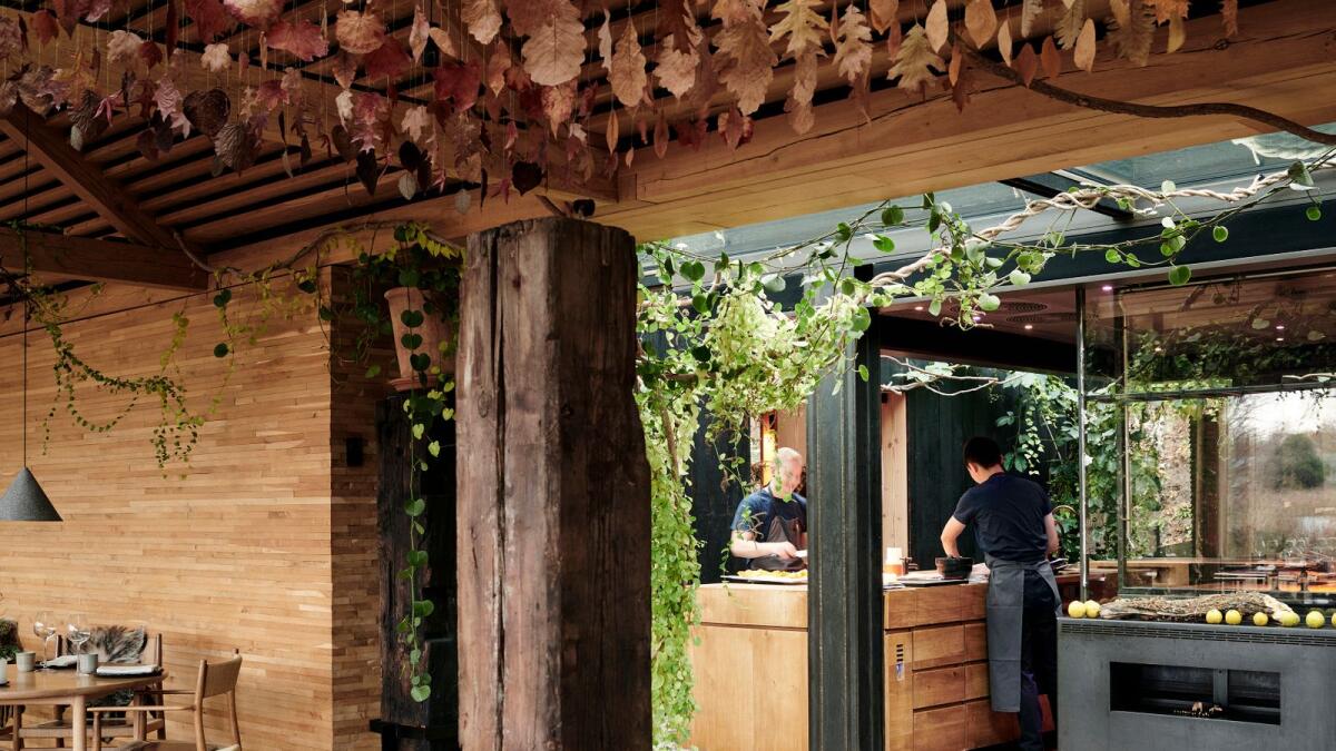 Two chefs cook in an open-air kitchen, decorated with leaves at Noma in Copenhagen on Dec. 2, 2022. A signature of Noma and its cuisine is its luxurious, modern-rustic aesthetic. (Ditte Isager/The New York Times)