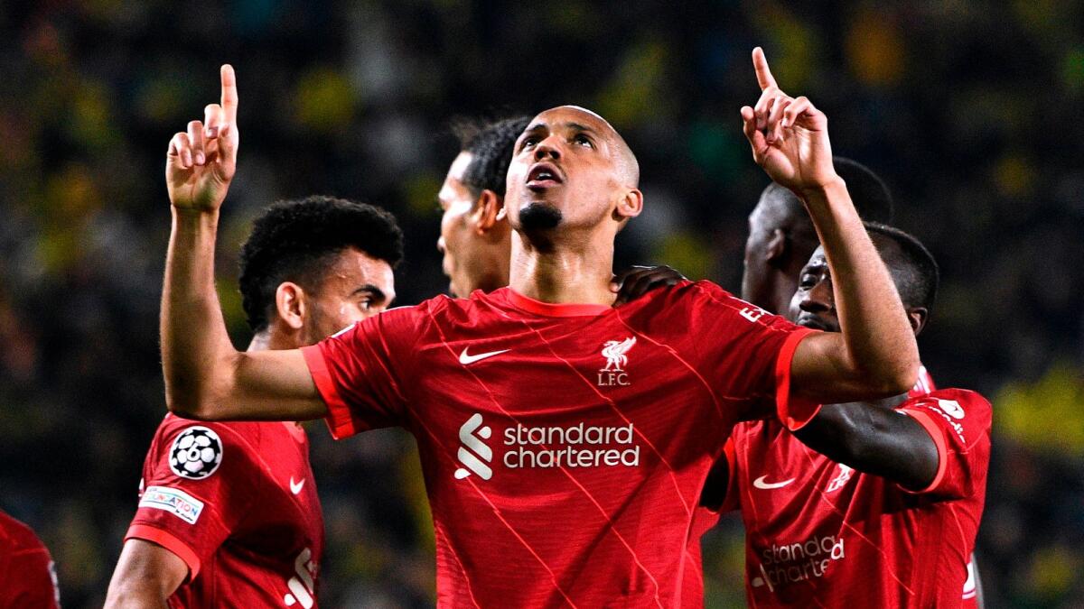 Liverpool's Fabinho celebrates after scoring their first goal. (Reuters)