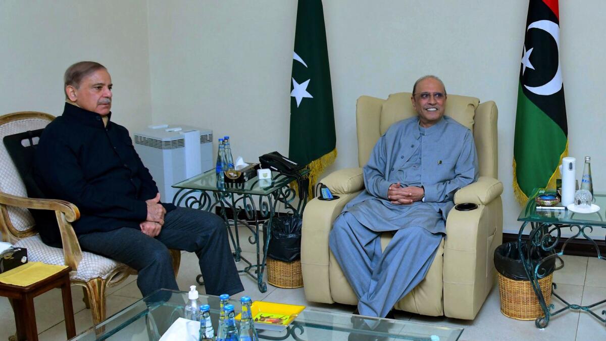 Prime Minister Shahbaz Sharif meets newly elected President Asif Ali Zardari in Islamabad. — AP