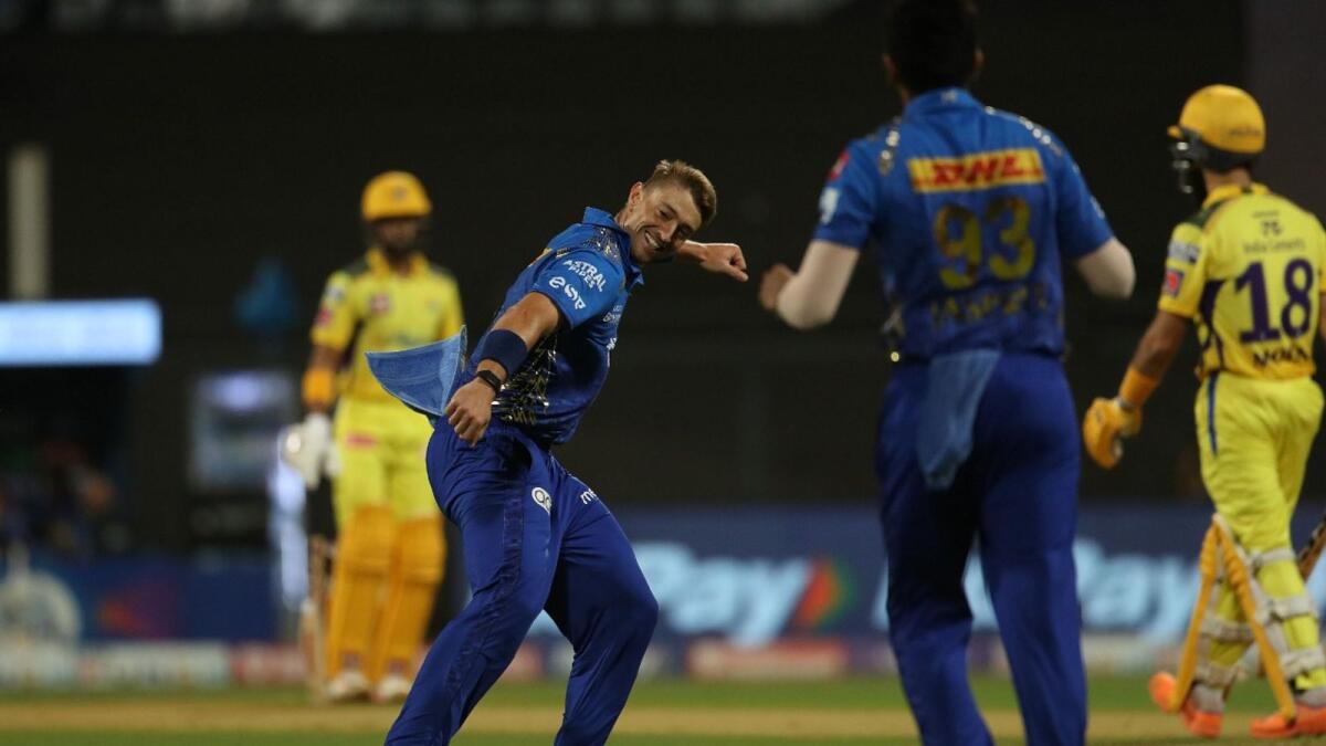 Daniel Sams of the Mumbai Indians celebrates after taking a wicket during the match against the Chennai Super Kings. (BCCI)