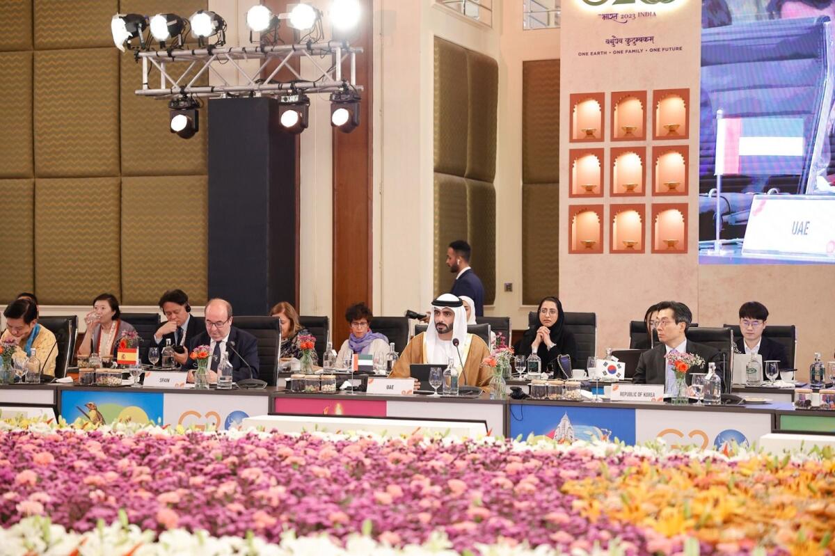 UAE Minister of Culture and Youth Salem bin Khaled Al Qassimi participating in the G20 Ministerial Meeting on Culture in Varanasi, India. Photo: Wam