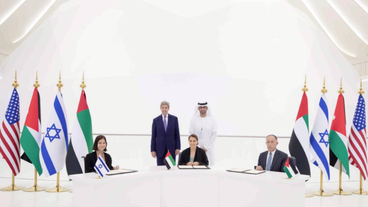 Officials from the UAE, Jordan and Israel sign a declaration for cooperation on sustainability projects. — Wam
