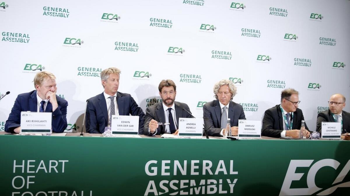 European Club Association (ECA) Chairman Andrea Agnelli and other representatives after the 23rd ECA General Assembly in Geneva, Switzerland, last September. - Reuters file