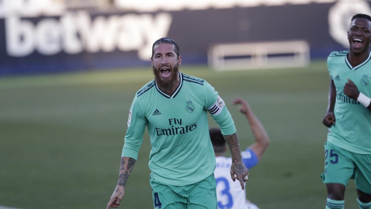 Real Madrid's captain Sergio Ramos celebrates after scoring. (AP)