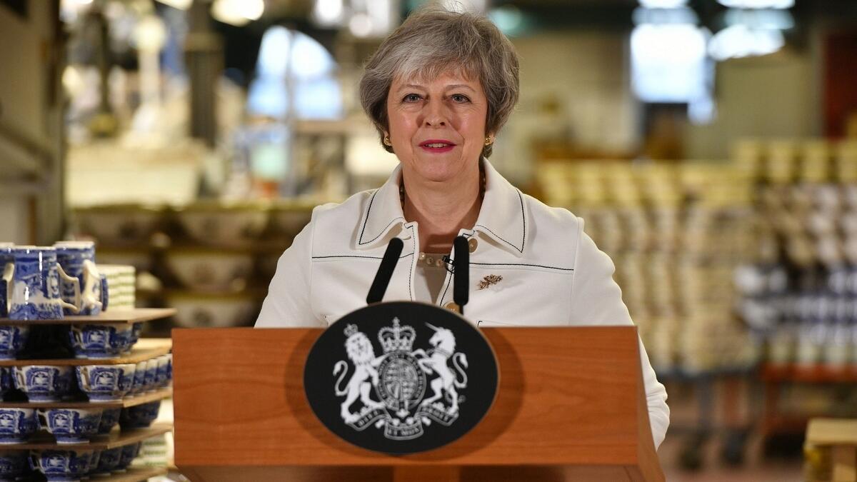 Britains Prime Minister Theresa May gives a speech at a factory in Stoke-on-Trent to call on MPs to support her Brexit bill.-AFP