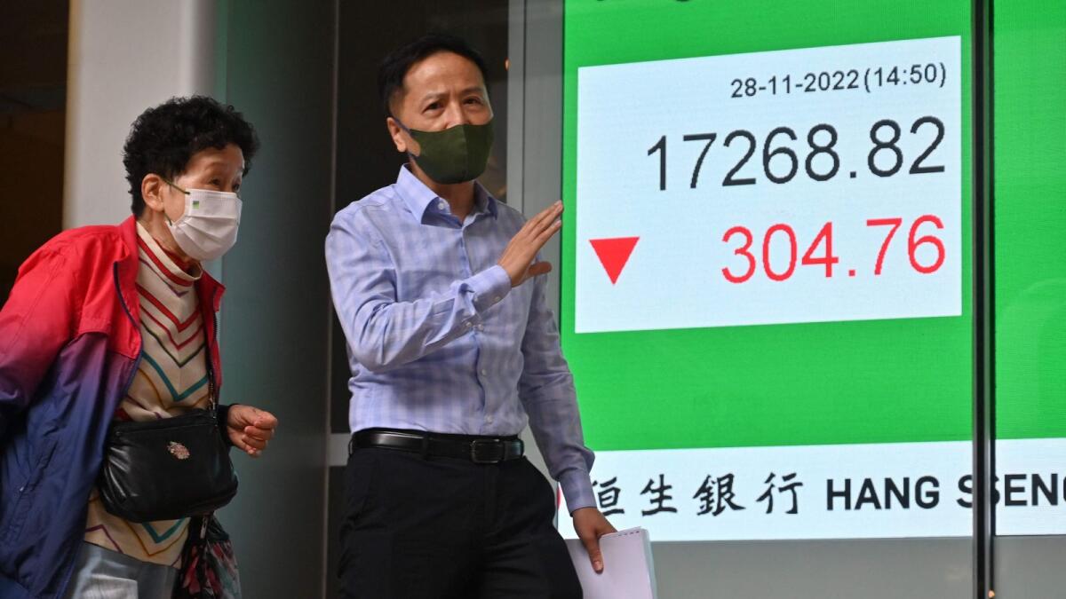 Pedestrians pass a sign showing the numbers for the Hang Seng Index in Hong Kong on November 28, 2022. Hong Kong and Chinese shares kicked the week off with steep losses on November 28, 2022, as the mainland was rocked by protests against the strict zero-Covid policies and calling for more political freedoms. — AFP