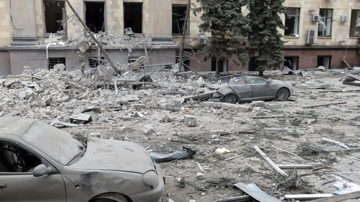 A view of the square outside the damaged local city hall of Kharkiv on March 1, 2022, destroyed as a result of Russian troop shelling. Photo: AFP