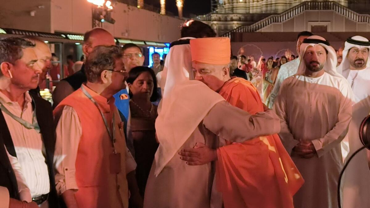 Sheikh Nahyan bin Mubarak Al Nahyan with Swami Brahmaviharidas at BAPS temple. Photos: Ashwani Kumar