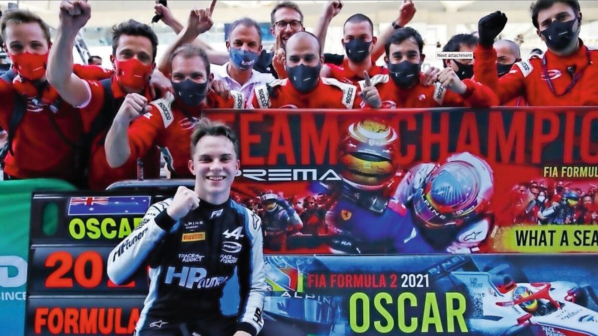 Oscar Piastri celebrates after winning the Formula 2 championship at the Yas Marina Circuit in Abu Dhabi on Saturday. — Supplied photo