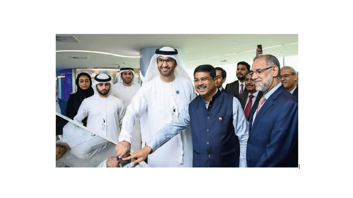 Shri Dharmendra Pradhan, Minister of Petroleum &amp; Natural Gas and Minister of Skill Development &amp; Entrepreneurship, with Dr. Sultan Al Jaber, CEO, ADNOC,at the loading of the historic first cargo of crude oil destined for the Indian Strategic Petroleum Reserves.