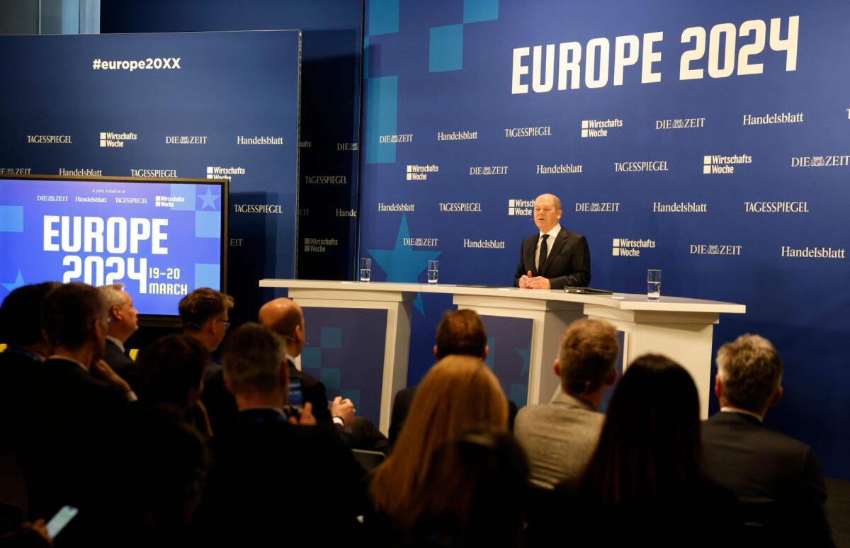 German Chancellor Olaf Scholz speaks during the two-day conference 'EUROPE 2024' hosted jointly by German media outlets Die Zeit, Handelsblatt, Tagesspiegel and WirtschaftsWoche, on March 19, 2024 in Berlin. — AFP