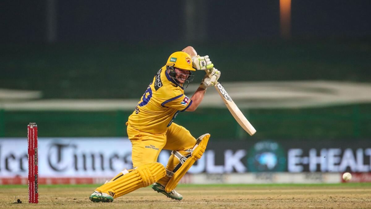 Team Abu Dhabi opener Paul Stirling plays a shot against the Bangla Tigers on Thursday night. — Supplied photo
