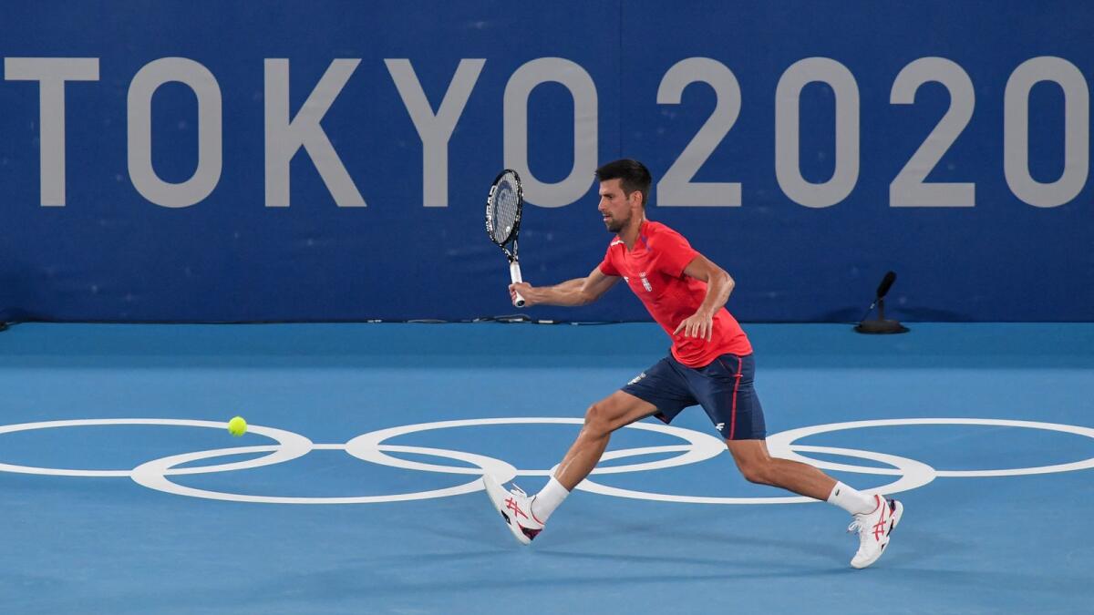 Serbia's Novak Djokovic during a training session at the Ariake Tennis Park in Tokyo. (AFP)