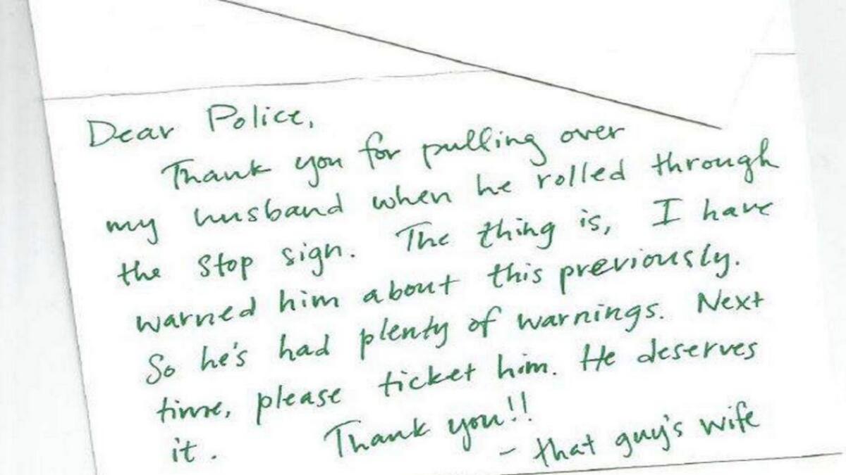 Woman thanks cops for pulling over her husband 
