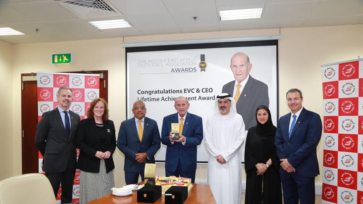 Ramesh Cidambi, COO of Dubai Duty Free accepted the award in Bahrain on behalf of McLoughlin and was joined by other Dubai Duty Free officials including Salah Tahlak, Joint COO, Sinead El Sibai, SVP - Marketing, Bernard Creed, SVP - Finance, Mona Al Ali, SVP - Human Resources, Michael Schmidt, SVP - Retail, Sharon Beecham, SVP - Purchasing and Zayed Al Shebli, SVP - Loss Prevention &  Corporate security when accepting the other award.  - Photograph supplied