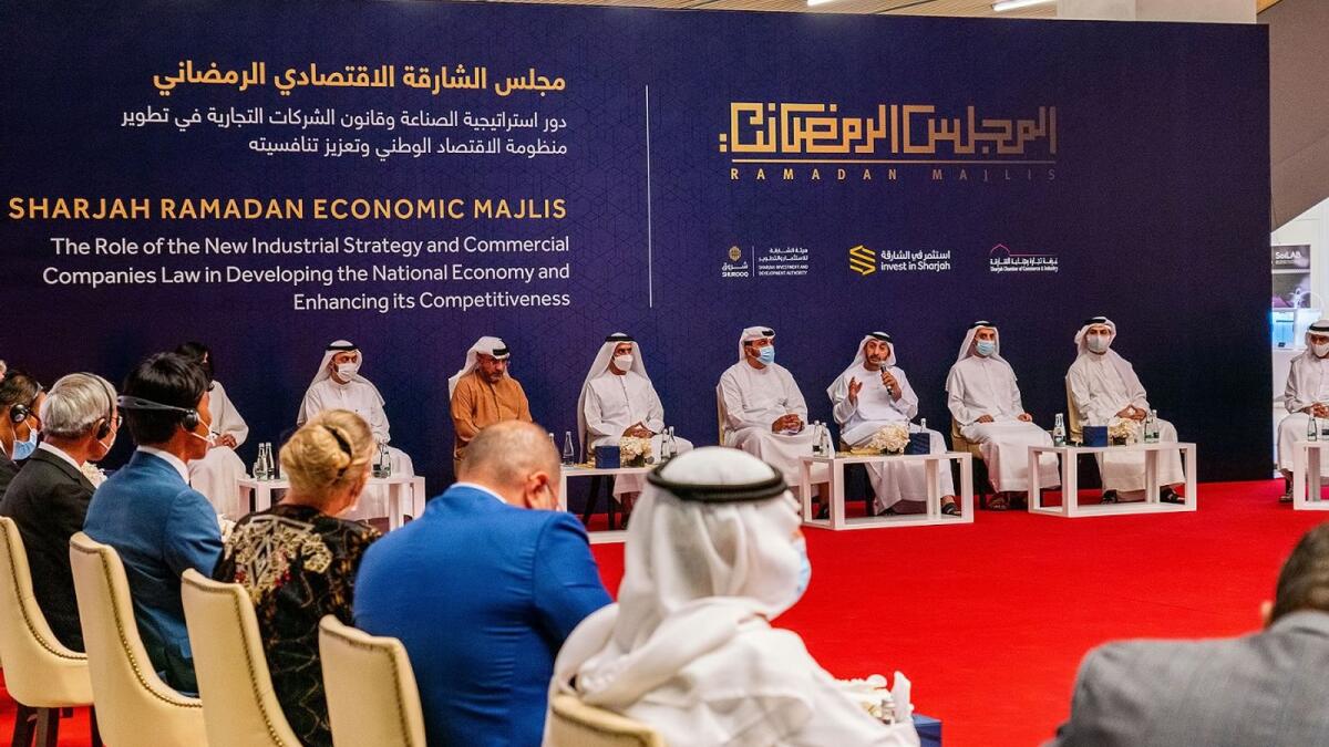 Abdulla Al Saleh, Undersecretary of the UAE’s Ministry of Economy for Foreign Trade and Industry, and other senior official speak at the Seventh edition of Sharjah Economic Ramadan Majlis. — Supplied photo