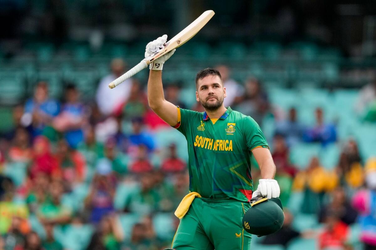 South Africa's Rilee Rossouw celebrates after scoring a century during the T20 World Cup cricket match between South Africa and Bangladesh. – AP